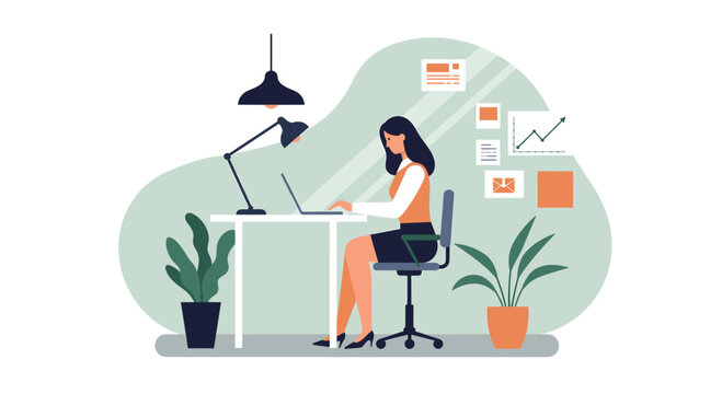 A young woman diligently works on her laptop at a modern desk in a comfortable home office setting, depicted in a clean flat design illustration style.