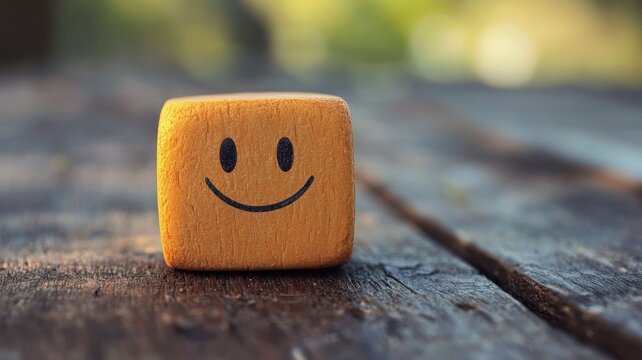 World smile day with mood and happiness idea. Smiling block on wooden surface, radiating positivity.