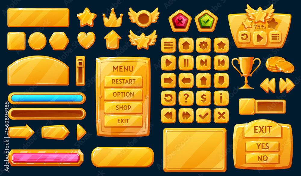 Poster golden interface game buttons, ui, gui elements. vector set pop-up window with main menu, options pa