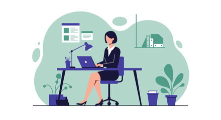 Flat design illustration of a woman working on a laptop at her desk, perfect for marketing and web design presentations.