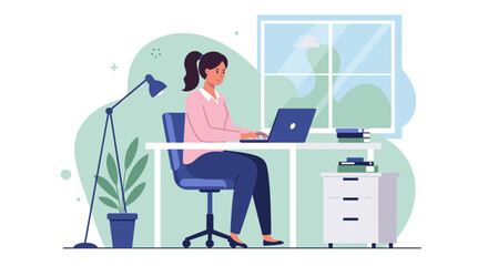 A woman is seated at a desk, working on a laptop with a window and bookshelf in the background. Suitable for landing page, banner, marketing, web design, presentation, infographic, etc.