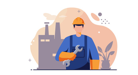 An illustration of a worker in a hard hat holding a wrench in front of a factory, designed as a flat vector graphic for a website landing page or presentation.