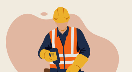 A construction worker in a hard hat and safety vest uses a device, representing industry and professional services in a modern flat design.