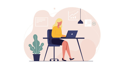 A woman works on a laptop at a desk, illustrating modern business and digital marketing concepts in a clean, flat design style.