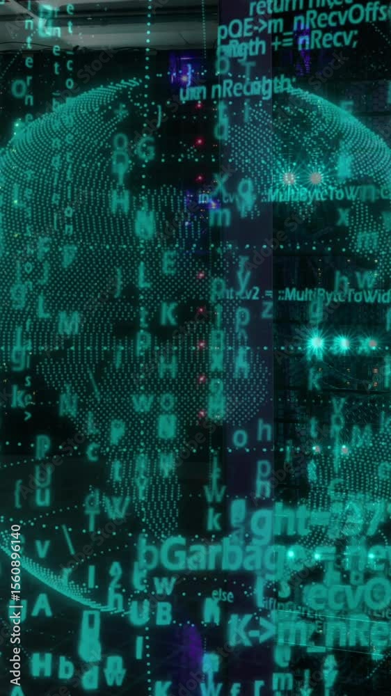 Poster animation of data processing over spinning globe against computer server room