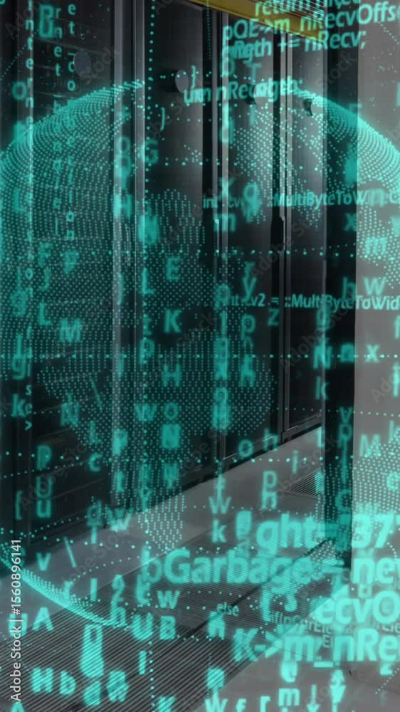 Poster animation of data processing over spinning globe against computer server room