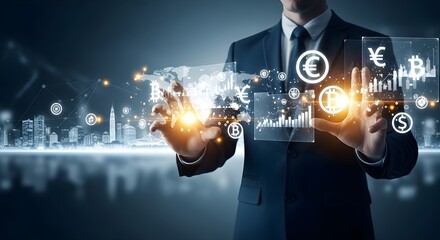 A businessman in a suit interacts with a futuristic interface displaying global financial data, currencies, and market trends.