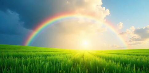 Naklejka premium Rainbow Arch over Lush Green Field, Sunlight Illuminating Vibrant Colors - Tranquil Nature Scene