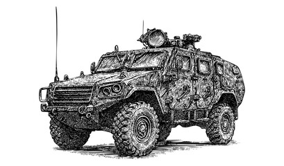 Armored Tactical Vehicle – Vintage Engraving Illustration – Vector and PNG Isolated on Transparent Background

