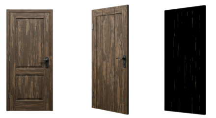 Three wood doors showcase, including one darkened door, against white backdrop, door design