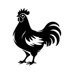 A striking black silhouette of a rooster against a plain white background