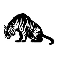 Stylized black and white illustration of a tiger crouching down low to ground