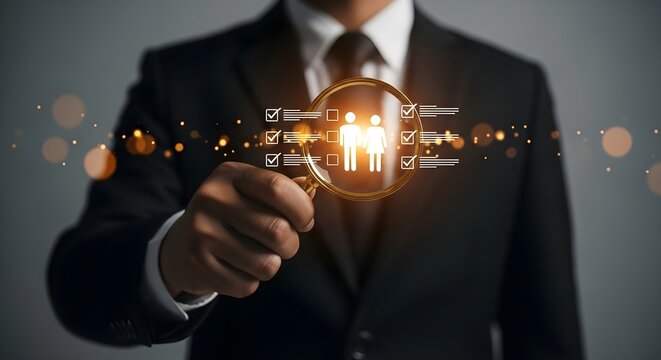 A businessperson uses a magnifying glass to examine candidate profiles, symbolizing the meticulous selection process.