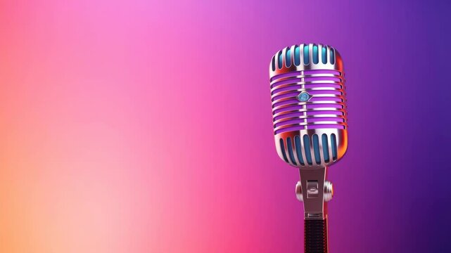 Vintage microphone on a vibrant gradient background, captured from a side angle. Perfect for music or podcast video themes. Live desktop wallpaper.