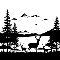 Deer standing in a forest clearing with mountain ranges in the distance, all in silhouette
