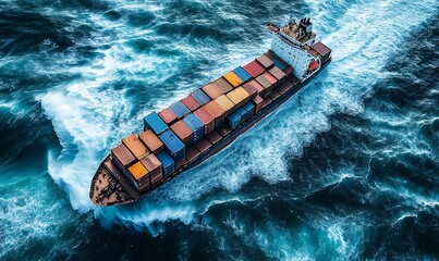 
A container ship caught in a storm in the middle of the ocean, view from above. Highly volatile markets. Unstable situation in the economy. Avoid a crisis.


