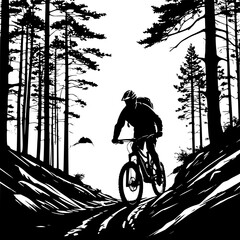 Silhouette of a mountain biking trail with cyclist, rugged landscape and trees