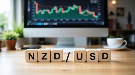NZD USD trading forex pair showing currency exchange rate between New Zealand dollar and US dollar with copy space