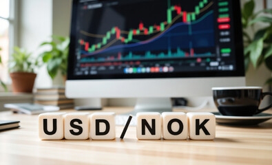 USD NOK trading forex pair showing currency exchange rate between US dollar and Norwegian krone with copy space