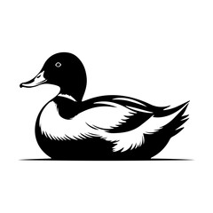 Elegant monochromatic depiction of a mallard duck, rendered in stark black and white