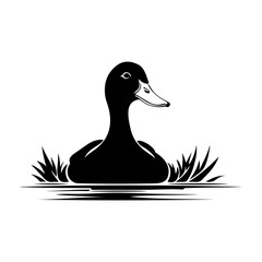 Silhouette of a Duck in the Water with Grass in Black and White