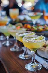A vibrant row of cocktails with salted rims and lime wedges lined up, set against a lively, blurry background of diners and food.