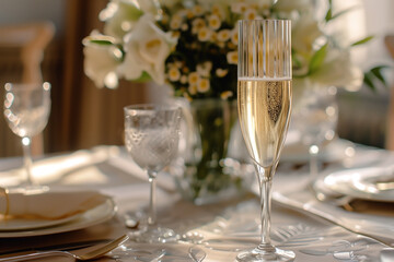 Elegant table setting with flutes, glassware, linen tablecloth and a floral centerpiece ready for a celebratory toast.