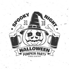 Halloween Pumpkin party design. Spooky night. Vector illustration. For holiday Halloween design, shirt, logo, badge, decorations, cards, banner with pumpkin in wizard hat, beer silhouette.