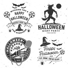 Set of Halloween is coming design. Vector illustration. For holiday Halloween design, shirt, logo, badge, decorations, cards, banner with werewolf, skull hand hold microphone, wizard hat, spiders