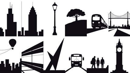 Naklejka premium Blackand White Cityscape Silhouettes Train Bus Hot Air Balloon Big Ben Modern Architecture vector