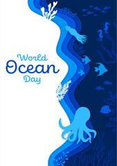 Paper cut world oceans day banner. Sea nature and environment protection, ocean day vector flyer or poster with octopus, squid and seahorse underwater animals, fish, corals and seaweed silhouettes
