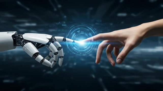 Artificial intelligence robot and human hand touching ai technology connection concept future