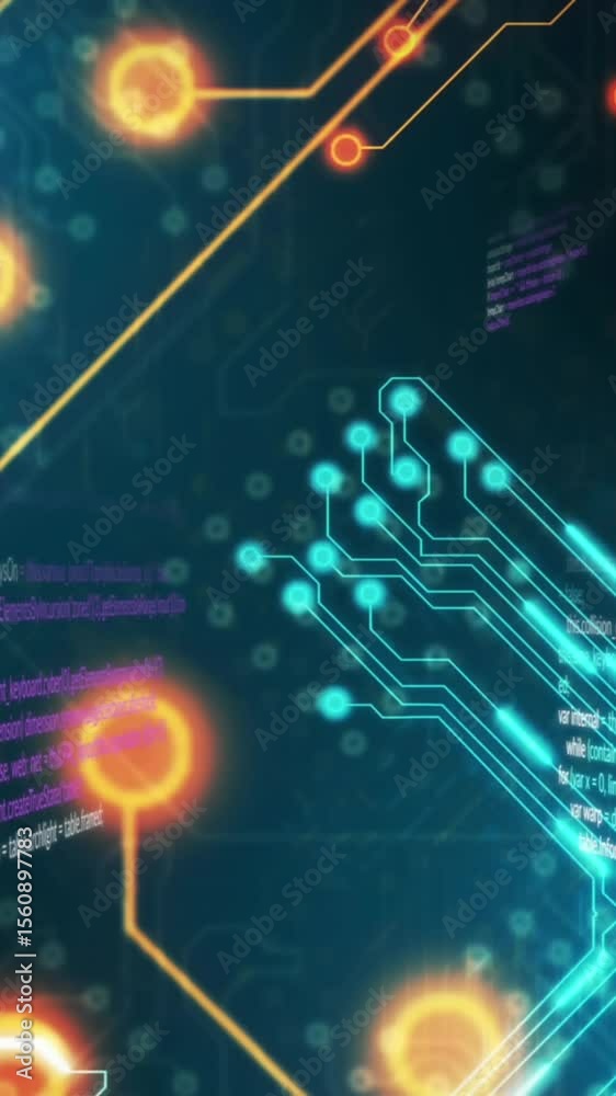 Poster animation of circuit board pattern and computer language over black background
