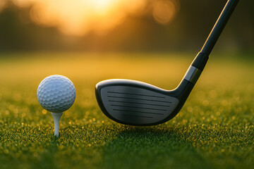 Golf Club Aligned with Ball on Tee at Dawn Close-Up on Green Grass