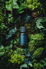 Advertising Photo of Luxurious Natural Skin Care Serum Bottle Among Fresh Herbs and Forest Moss