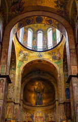 Beautiful fresco painting on the ancient orthodox church in Kyiv, Ukraine. Icons of St. Mary and saints	
