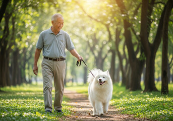 Senior man enjoys a walk with his fluffy white Samoyed dog in a green park, soaking in sunshine
