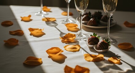 Obraz premium Celebratory Delight: An intimate setting, where the champagne flutes stand ready, encircled by a delicate dance of golden petals and delectable chocolate-covered strawberries