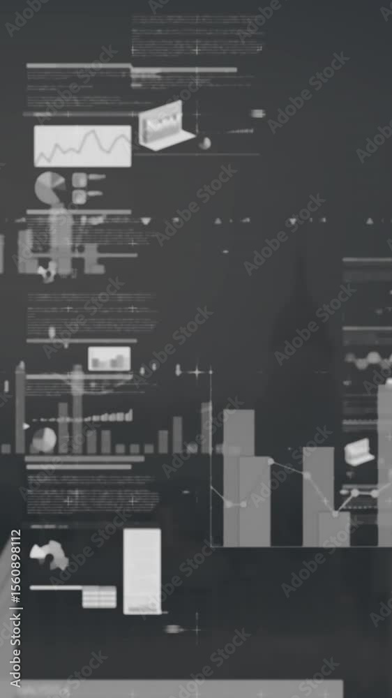 Poster animation of multiple graphs, loading circles and trading board over abstract background