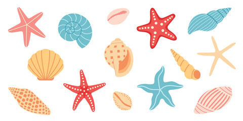 Set of colorful cartoon sea shells and starfish in various shapes and colors, isolated. For scrapbooking, summer, sea, ocean, beach, vacation, tropical, card design. Flat vector. Hand drawn items.