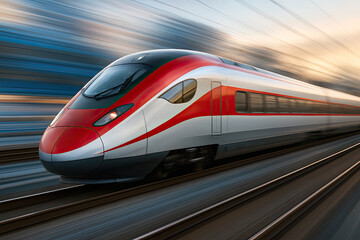 Fototapeta premium Modern High-Speed Train in Motion with Dynamic Blur and Sleek Red-Silver Design