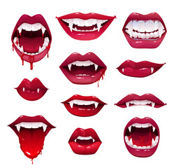Vampire mouths and teeth vector set of Halloween horror holiday monsters. Sexy female lips with fangs, blood drops and tongues, red lipstick open mouths and smiles of witches or beast creatures