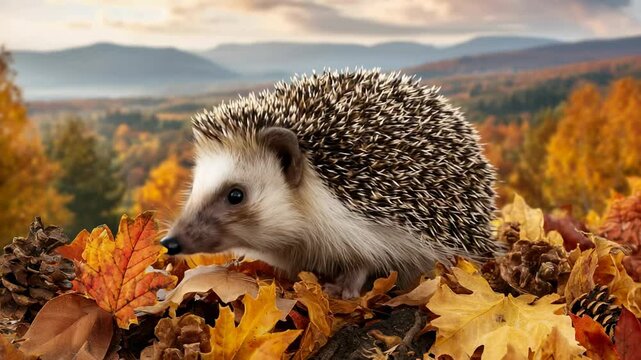 Cute hedgehog exploring autumn leaves in forest with scenic mountain landscape and golden foliage