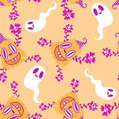 Autumn harvest vegetable seamless monster Halloween pumpkins pattern for wrapping paper and fabrics