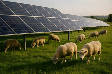 Sheep grazing in a solar farm field representing sustainable energy and renewable power generation
