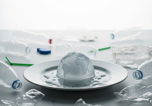 Melting globe of ice and plastic bottles showcase climate change and pollution impacts on our fragile environment