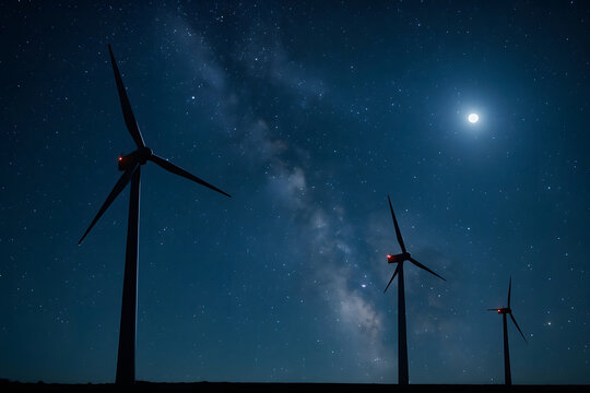 Wind turbines silhouetted against a starry night sky showcasing clean energy