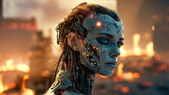 Artificial intelligence female robot at combat. World war destruction concept. Fire and devastation at the background