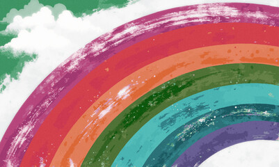 colorful watercolor rainbow with purple red orange green and blue against a sky with white clouds.
