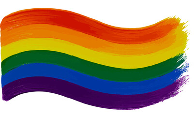 Painted pride flag with brushstroke texture in vibrant rainbow colors on a white background.